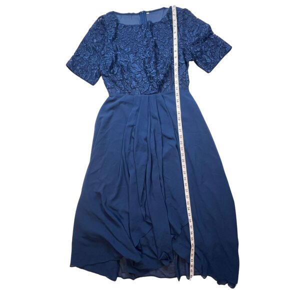 TS Conture Dress S Navy Blue Tea Length Embroidered Lace Bodice Chiffon Skirt - Picture 8 of 14